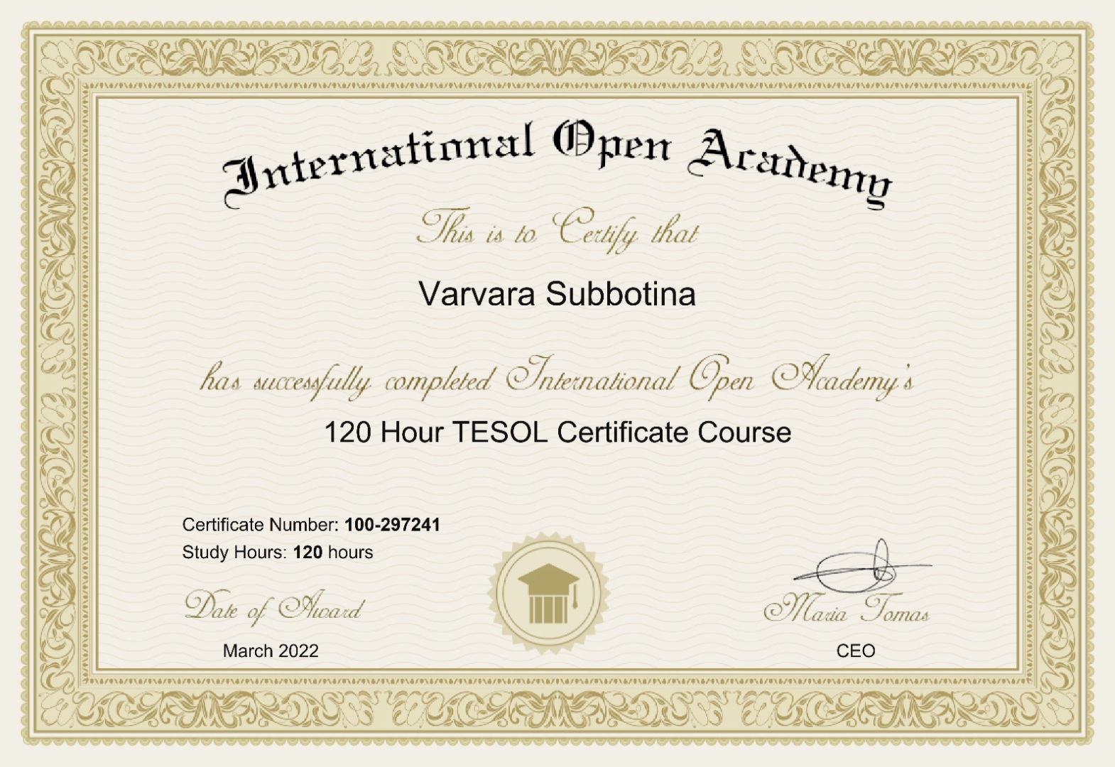 TESOL Certificate · 120 часов · 2022