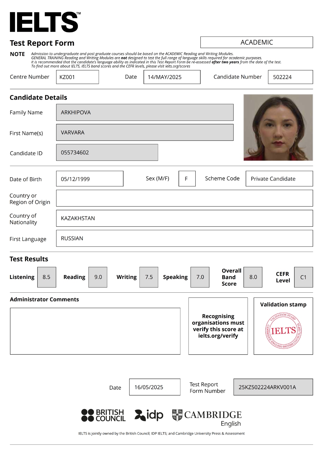 IELTS Academic Score Report · Overall 8.0